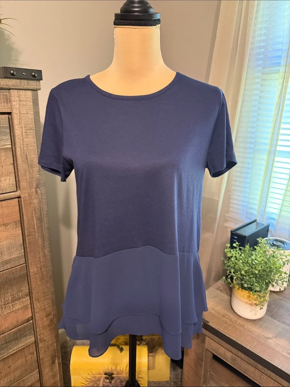 Michael Kors Navy Short Sleeve Layered Peplum Top